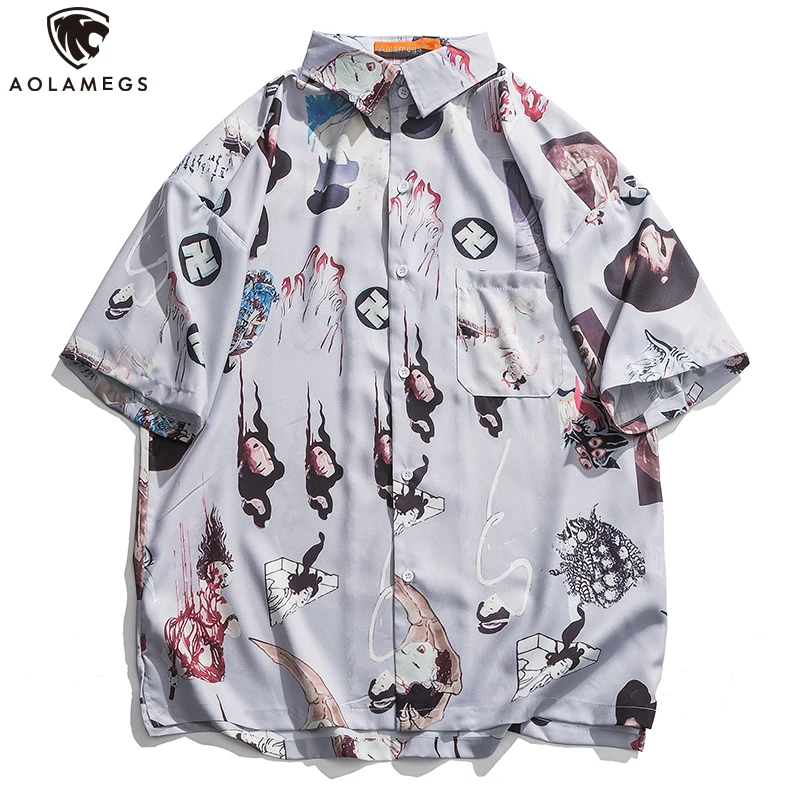 Aolamegs Shirt Japanese Ancient Culture Retro Printed Short Sleeve Hawaiian Shirts Men Casual Breathable Cozy Streetwear Summer Aolamegs Shirt Japanese Ancient Culture Retro Printed Short Sleeve Hawaiian Shirts Men Casual Breathable Cozy Streetwear Summer
