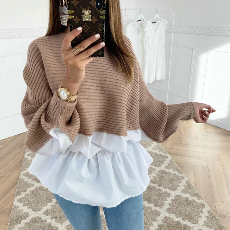 

2020 Autumn Women Elegant Brief Basic Top Female Patchwork Leisure Casual Colorblock Insert Ruffles Ribbed Batwing Sleeve Blouse