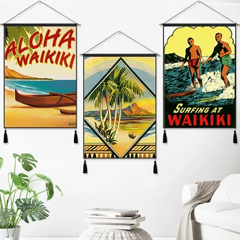 

Surfing at Waikiki Hawaii Vintage Travel Hanging Cloth Cotton Line Painting Poster Home Decor Wall Hanging Tapestry Gift
