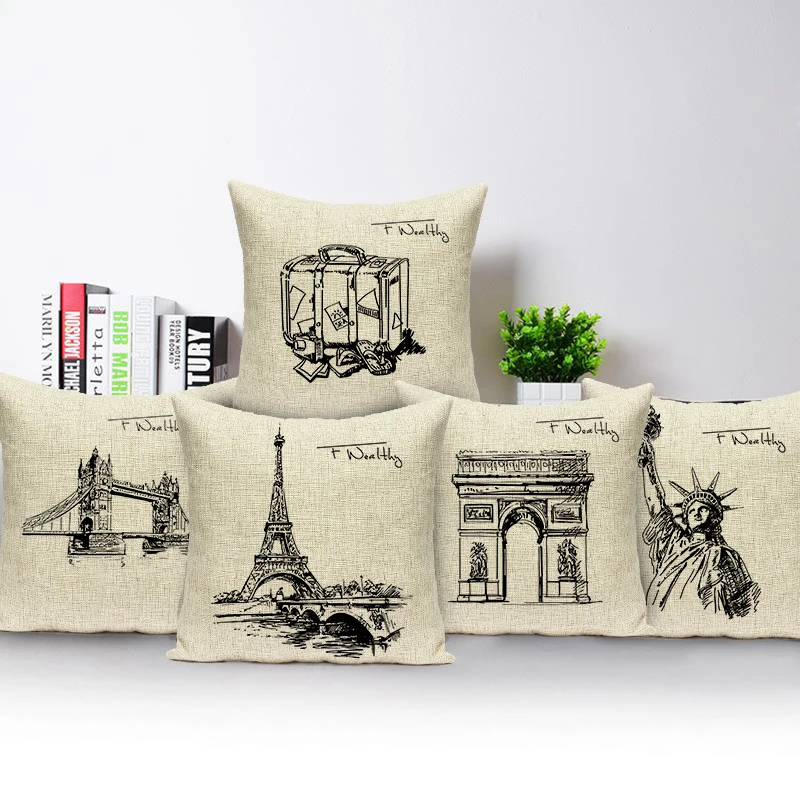 

Triumphal Arch Eiffel Tower Pattern Cushion Cover Throw Pillow Cover for Bed Home Decor Square London Bridge Pillowcase