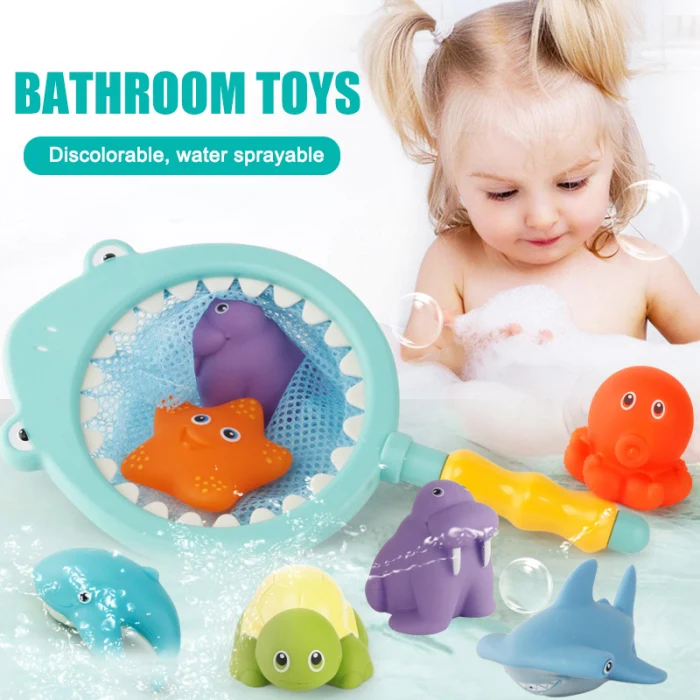 Bath Toy Fishing Floating Squirts Toy and Water Fish Net Bathtub Bathroom Pool Bath M09
