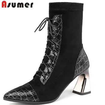 

ASUMER Plus size 34-42 New genuine leather boots mixed color lace up strage high heels autumn winter shoes female ankle boots
