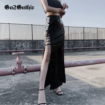 

Vintage Shiny Black PU Leather Skirt Women High Waist Long Skirts Punk Dark Style High Street Split Pleated Skirt Gothic Girls
