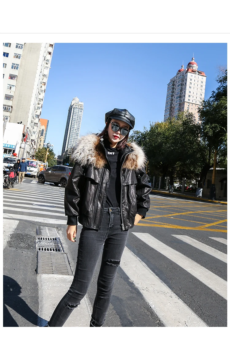 Genuine Leather Jacket Real Raccoon Fur Collar Drop Shoulder Bishop Sleeve Sheepskin Coat Women Winter Casual Oversized Outwear