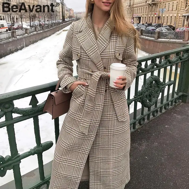 BeAvant элегантное клетчатое пальто женское с длинным рукавом осень зима теплое