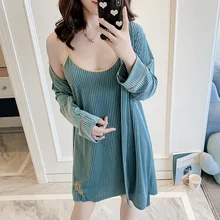 Золотистый бархатный теплый халат с длинными рукавами, комплект с вышивкой, модный костюм с кардиганом на бретельках, одежда для сна