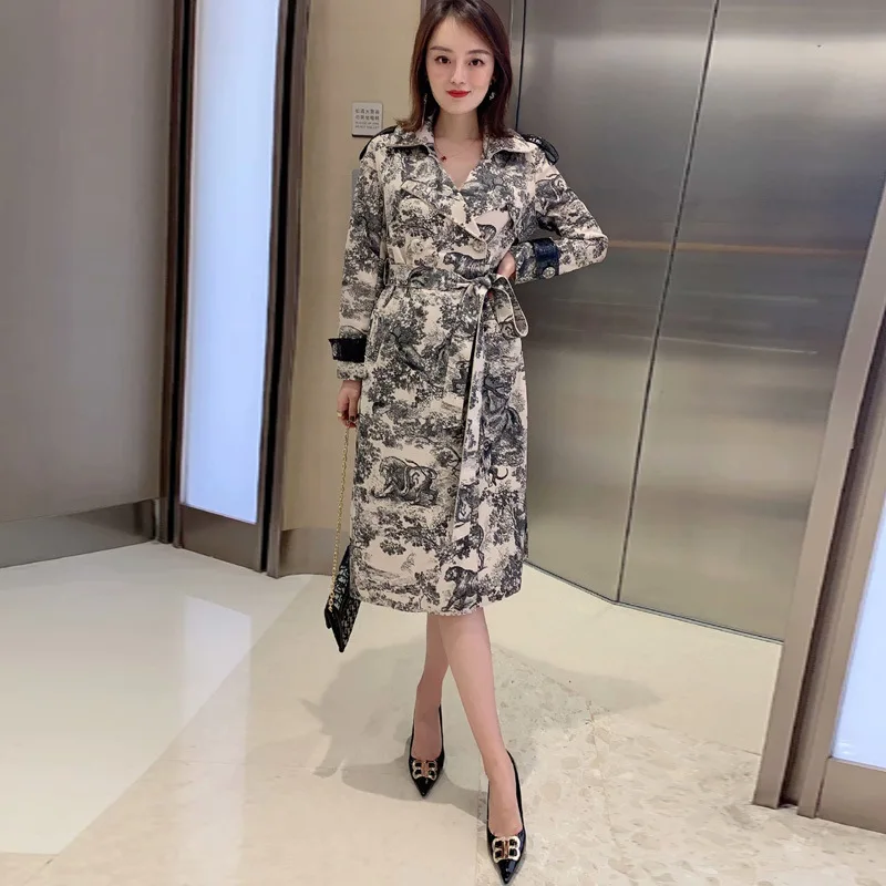 Women autumn winter animal tiger trench coat long sleeve sashes mid-length elegant windbreaker new suede trench