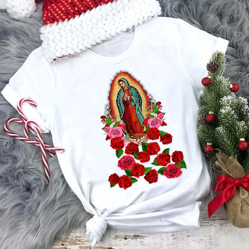 Camiseta religiosa para mujer, Camiseta de algodón de la María, camiseta informal de Nuestra de Guadalupe, ropa de San Valentín, camisetas católicas|Camisetas| - AliExpress