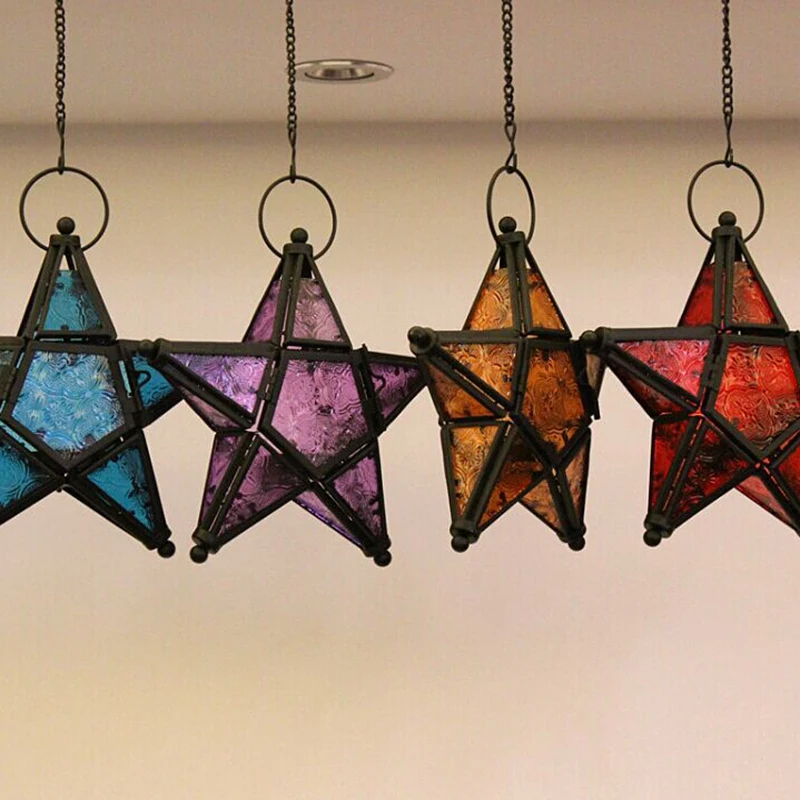 Fashion-Hanging Candle Holder Candlestick Lantern with Iron Haning Chain Colorful Glass Lampshade Holders Moroccan Vintage Style