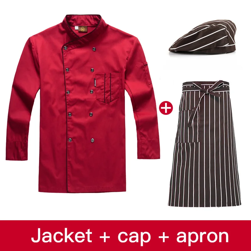 Longjacket cap apron Vkamoli одежда для шеф-поваров рубашка дышащая хлопковая куртка+ шапка+ фартук работает одежда для мужчин унисекс шеф-повар форма офицантки суши костюм - Цвет: Longjacket cap apron