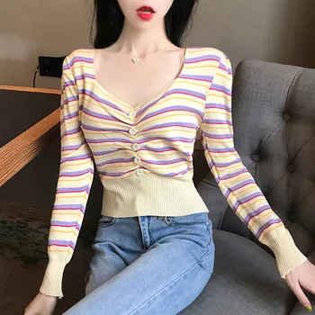 

Women Striped Pattern Fashion Sweater Knit Pullover Sexy Deep V-neck Button Sweaters