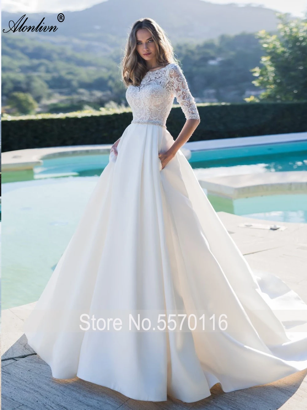 Alonlivn высокого класса Роскошный атлас с пуговицами Vestido de Noiva Кружевная аппликация