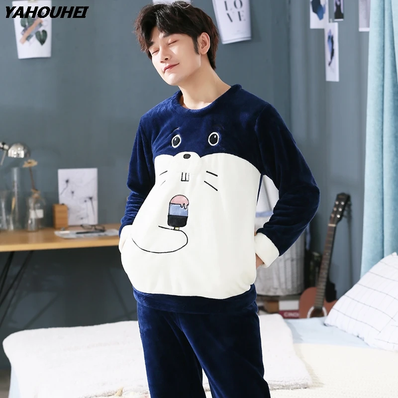 

Plus Size 5XL Thick Warm Flannel Pajama Sets For Men 2020 Winter Long Sleeve Coral Velvet Pyjama Cartoon Homewear Lounge Clothes