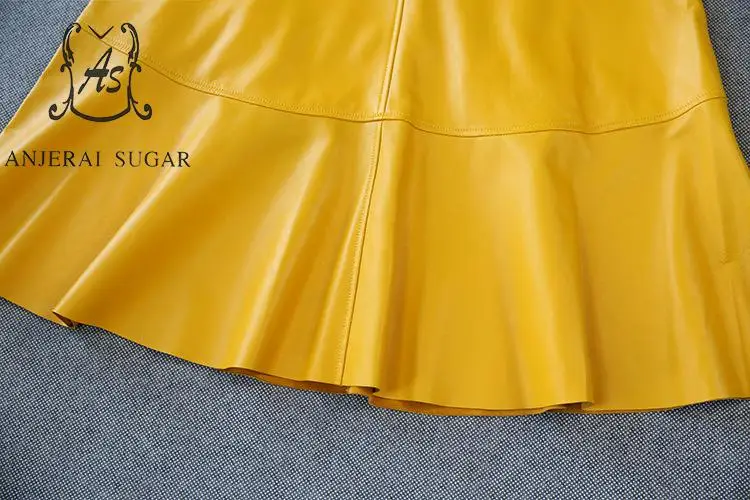 Autumn winter Genuine leather skirts womens yellow High waist Splicing sheepskin dermis OL office A line Super Long Horn Skirt