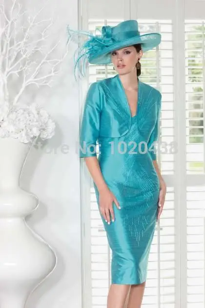 

free shipping 2016 new plus size Blue Taffeta Beading knee-length Free Jacket vestido de noiva custom Mother of the Bride Dress