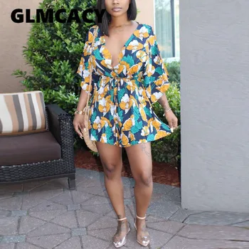 

Women Tie Waist Floral Printed Plunge V-neck Romper Short Sleeve Chic Bohemian Style Playsuits