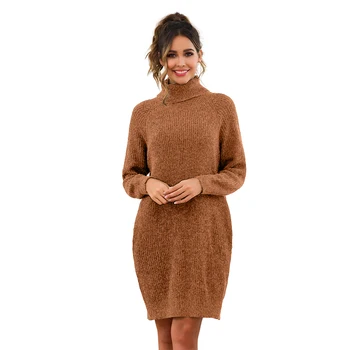 

Women Turtleneck Sweater Dress Midi Dresses Long Sleeve Knee Length Knitted Jumper Warm Casual Autumn Winter Party Office