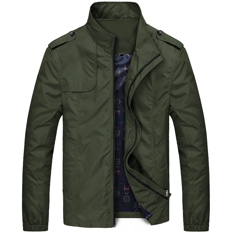Новое поступление Демисезонный Для мужчин Куртки однотонный Модные пальто мужские повседневные приталенные со стоячим воротником бомбардировщик куртка, мужское пальто 4XL - Цвет: Армейский зеленый