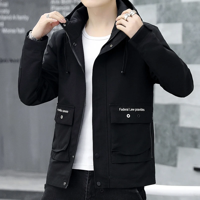 Promotion Sale Men's Spring Jackect Zipper Closure Hooded Windbreaker Clothing In Black Gray Color M-4XL Size Outwear D210 | Мужская