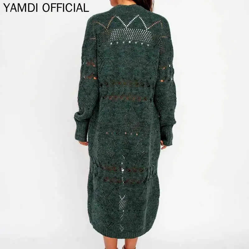 YAMDI полый однотонный зеленый свитер куртка Женский винтажный элегантный длинный кардиган осень зима богемный женский шикарный свитер