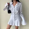 2021 Spring Long Sleeve White Pleated Shirts Women Casual Turn Down Collar Chiffon Blouse Office Lady A Line Style Vestidos Tops 2
