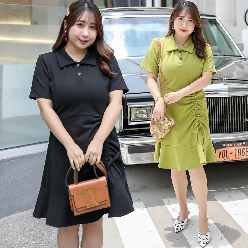 

Summer Fashion Large Size Women's Dress Lapel Short-sleeved Dress Sweet Drawstring Dress