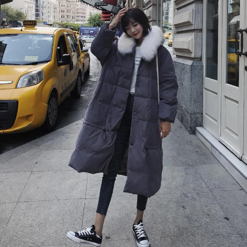 

Photo Shoot Korean-style Oversize Hem Drawstring Thick Cotton-padded Clothes CHIC Deconstructable Large Fur Collar Long down Coa