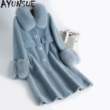AYUNSUE, пальто из натурального меха, стрижка овец, длинное зимнее пальто, женская одежда, шерсть, куртка из натурального меха лисы, воротник Abrigos Mujer KJ1033