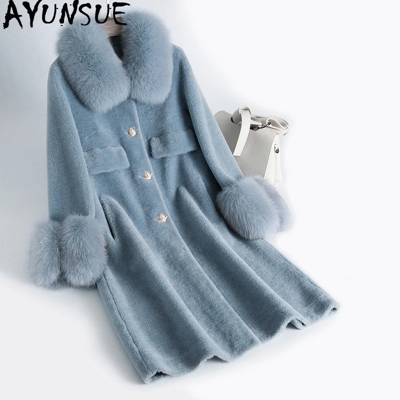 

AYUNSUE Real Fur Coat Sheep Shearing Long Winter Coat Women Clothes 2020 Wool Jacket Real Fox Fur Collar Abrigos Mujer KJ1033