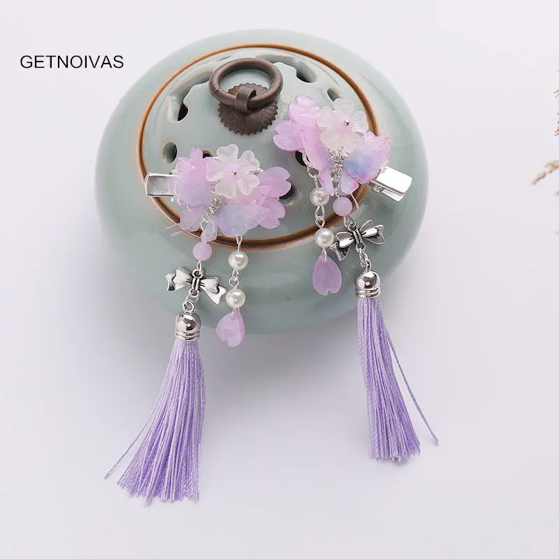 GETNOIVAS, 1 пара, Ретро стиль, длинные кисточки, бусины, заколка для волос, имитация жемчуга, Хрустальный цветок, заколки для волос, для женщин, детей, украшение для волос