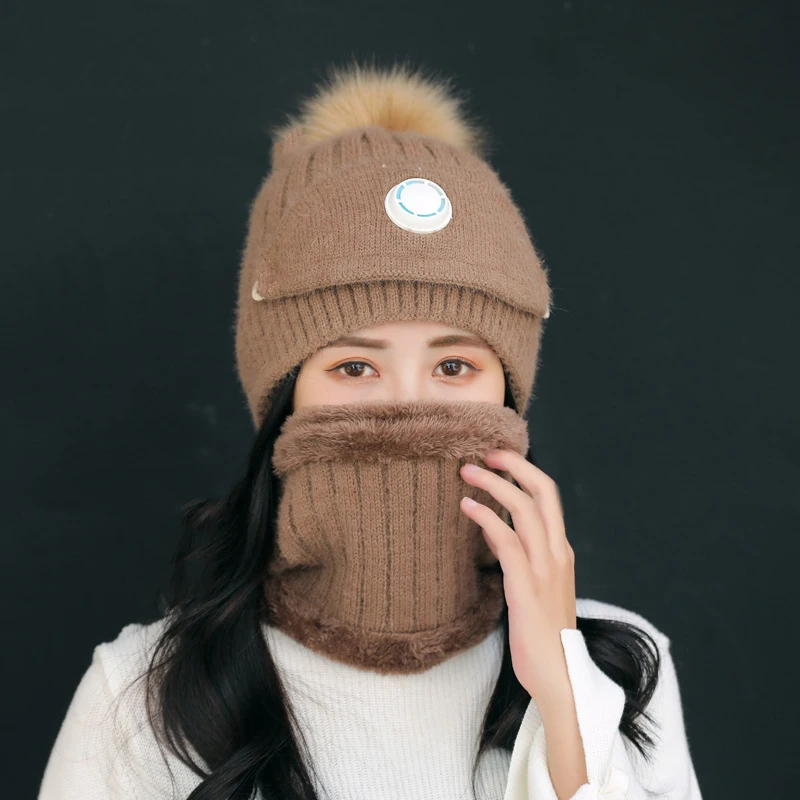 

3 in 1 Adult Knitted Scarf Hat Face Mask Set with Breathing Valve Winter Warm Soft for Women Outdoor TY66