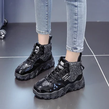 

2020 New Increase Women's Winter Sneakers With Fur High Top Sneakers Chunky Sneaker Platform Ladies High Heel Shoes Woman E16-40