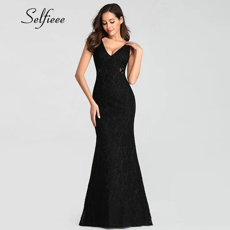 Летние платья, элегантное черное кружевное платье без рукавов с v-образным вырезом, сексуальное длинное вечернее платье с открытой спиной, платье бодикон размера плюс