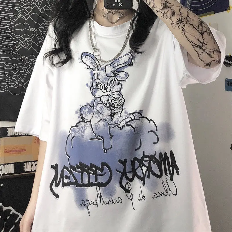 2020 Summer Korean Harajuku bunny print loose short-sleeved T-shirt female street hip-hop O-neck casual female T-shirt women tee