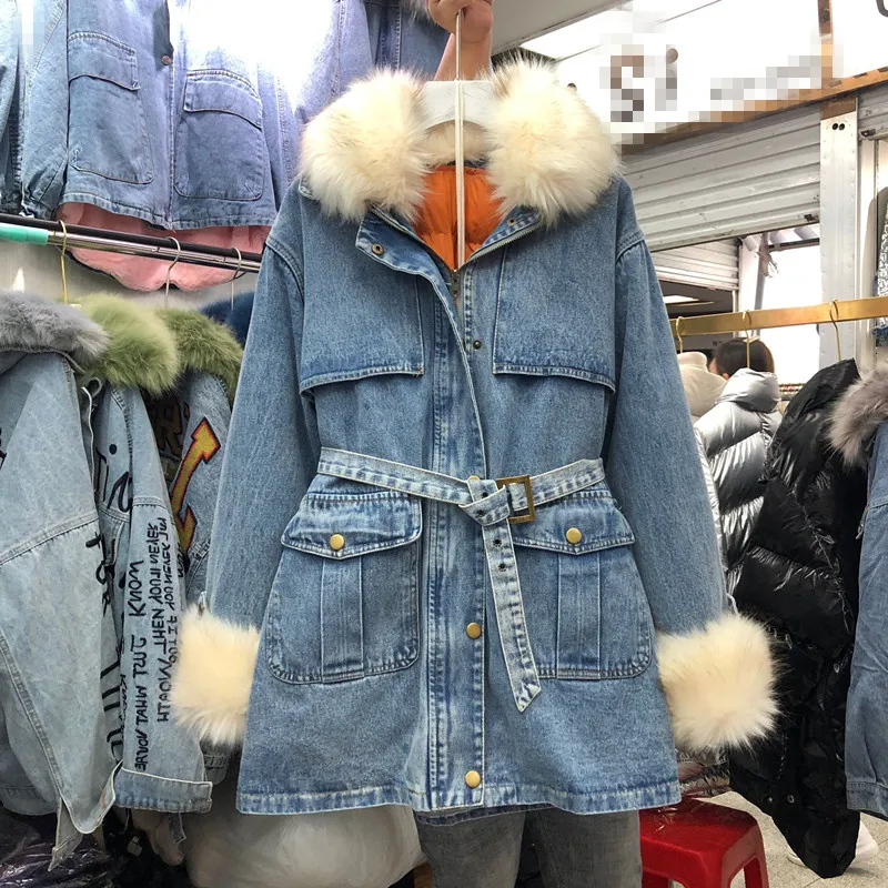 Imitation fur Зимнее джинсовое длинное пальто с хлопковой подкладкой, женское свободное съемное утепленное пальто с натуральным лисьим мехом, хлопковое стеганое манто Femme - Цвет: Imitation fur