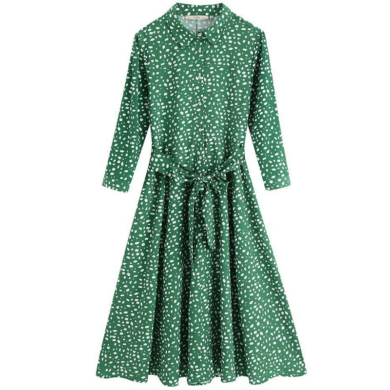 Осеннее Новое зеленое платье с принтом в горошек и поясом, женское богемное модное платье с длинными рукавами и отворотом, вечерние платья с поясом для женщин, подарок
