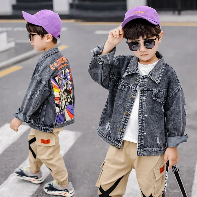 

2019 Autumn Back Printed Denim Jacket For Baby Boys Big Kids Autumn Long Sleeve Coat Top Jeans Jaket For Boys Clothes 2 To 8 Y