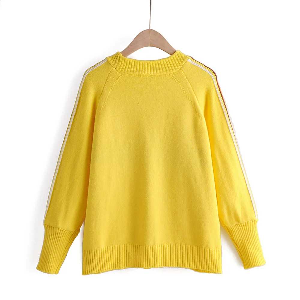 Новинка осени, женский свитер, вязаный свитер, куртка, повседневная верхняя одежда, джемпер с v-образным вырезом, в полоску, рукав-фонарик, однобортный, для женщин
