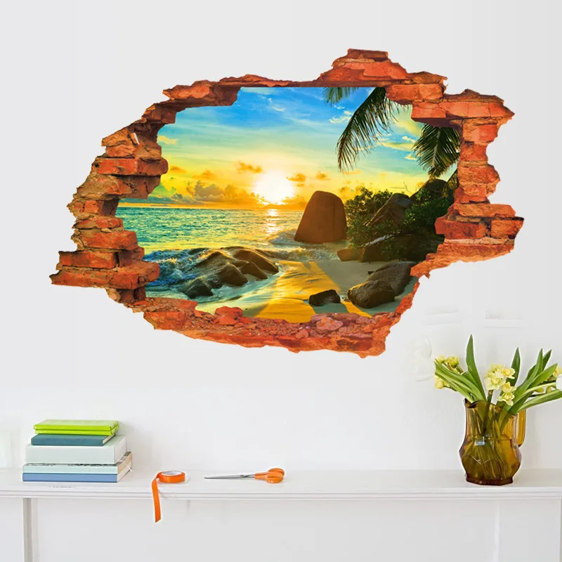 3D Broken Wall Stickers For Kids Room Home Decoration Setting Sun Scenery Seascape Island False Window Art Mural Decals | Дом и сад