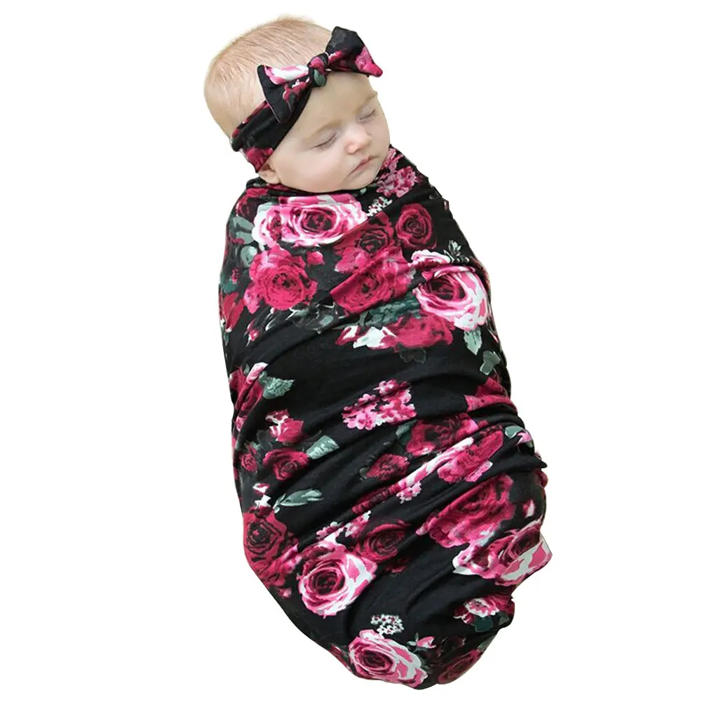 

Swaddle Comfortable Floral Cute Infant Wrap Soft Bowknot Receiving Blanket Set Sleeping Headband Warm Baby Bedding Newborn