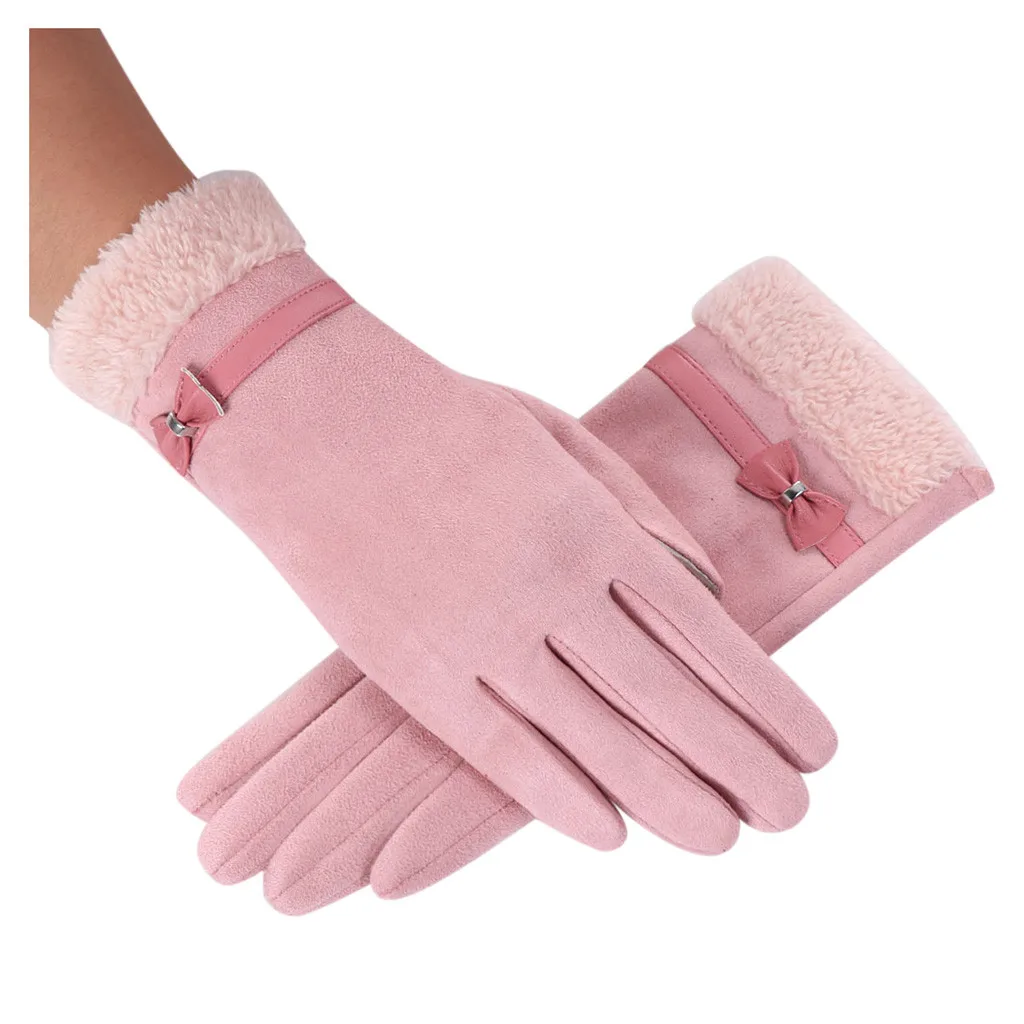 Black elegant Bow leather Pearl gloves full Finger Outdoor Women Thicken Winter mittens Warm Bowknot Thermal Fleece Gloves