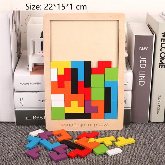Colorful 3D Puzzle Wooden Tangram Math Toys Tetris Game Children Pre-school Magination Intellectual Educational Toy for Kids 5