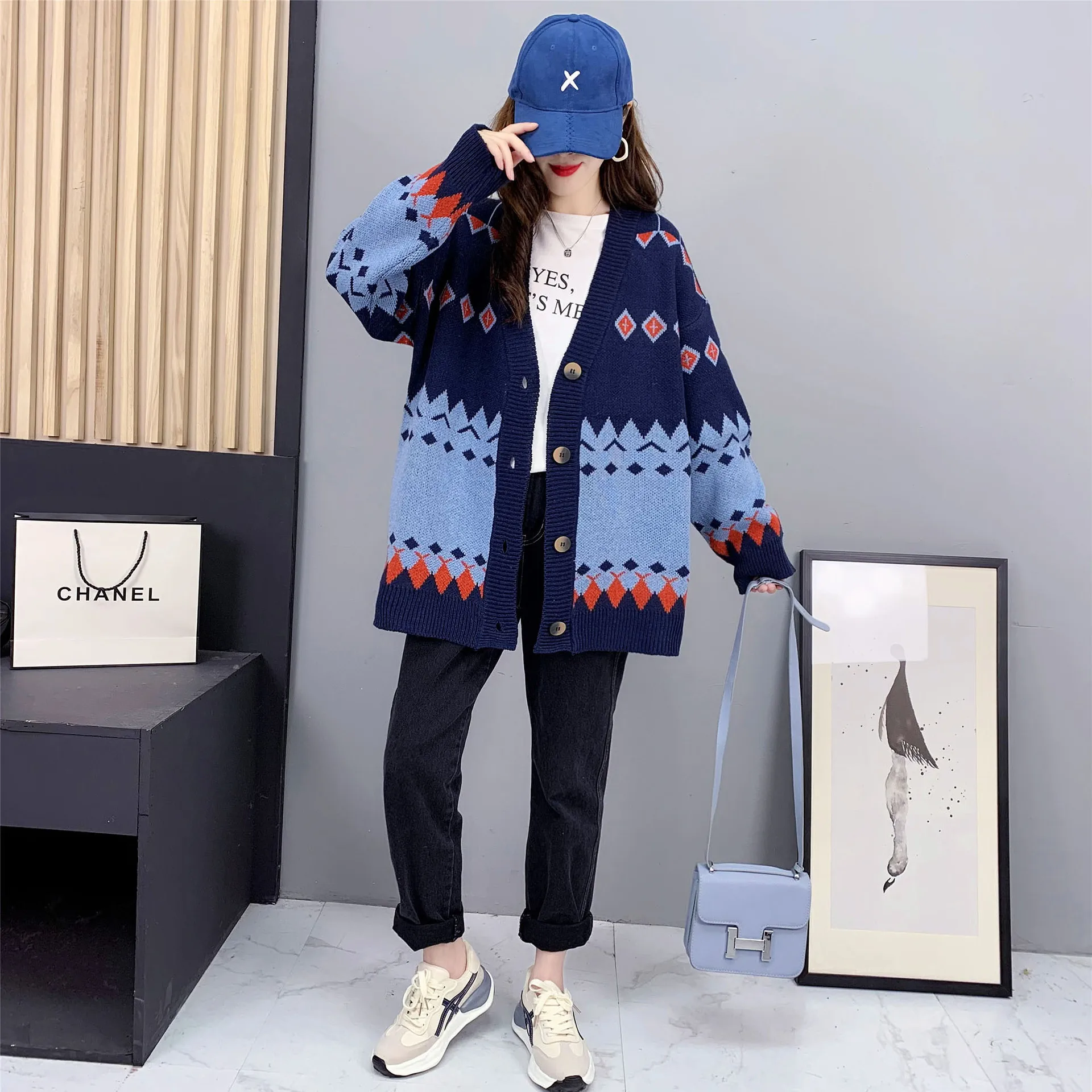 Women's sweater cardigan 2021 new casual V-Neck long sleeve loose retro jacquard button knitted top winter women's sweater coat ugly christmas sweater