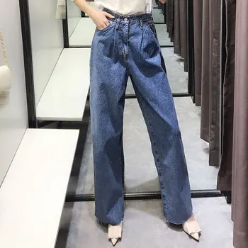 

fashion women blue pleated wide leg jeans high waist pockets denim trousers female casual long pants pantalones