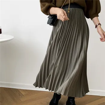 

All Match Elegant Solid Midi Pleated Skirt Women 2020 Autumn Winter Ladies Korean High Waist School Long Skirt Female Z721