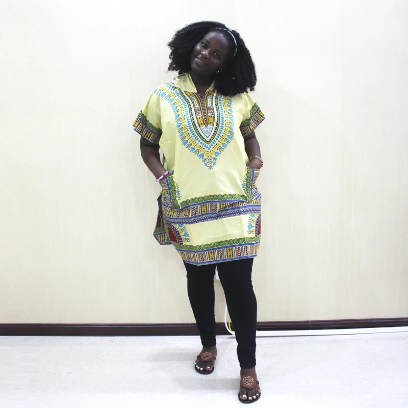 Dashikiage Yellow 100% Cotton African Dashiki Traditional Print Pockets Hooded Tops Shirt africa dress