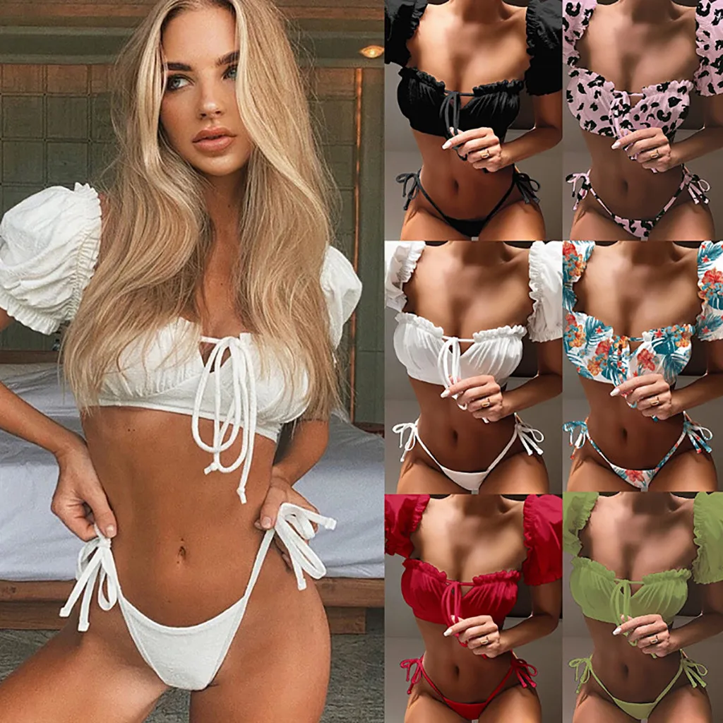 

2020 Top Selling Split Bathing Suit Women's Padded Biquini Lace Rope Bandage Underwear Short Sleeves Female Intimates Sexy Thong