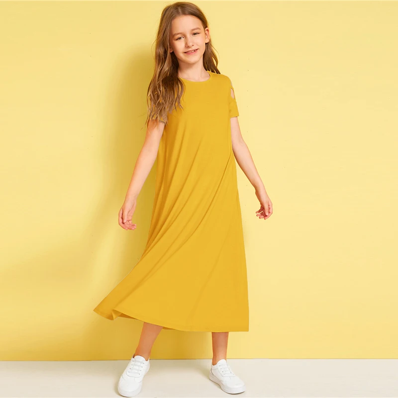 SHEIN/однотонное Повседневное платье с открытыми плечами и перекрещивающимися крест-накрест для детей; коллекция года; летние эластичные детские футболки с короткими рукавами
