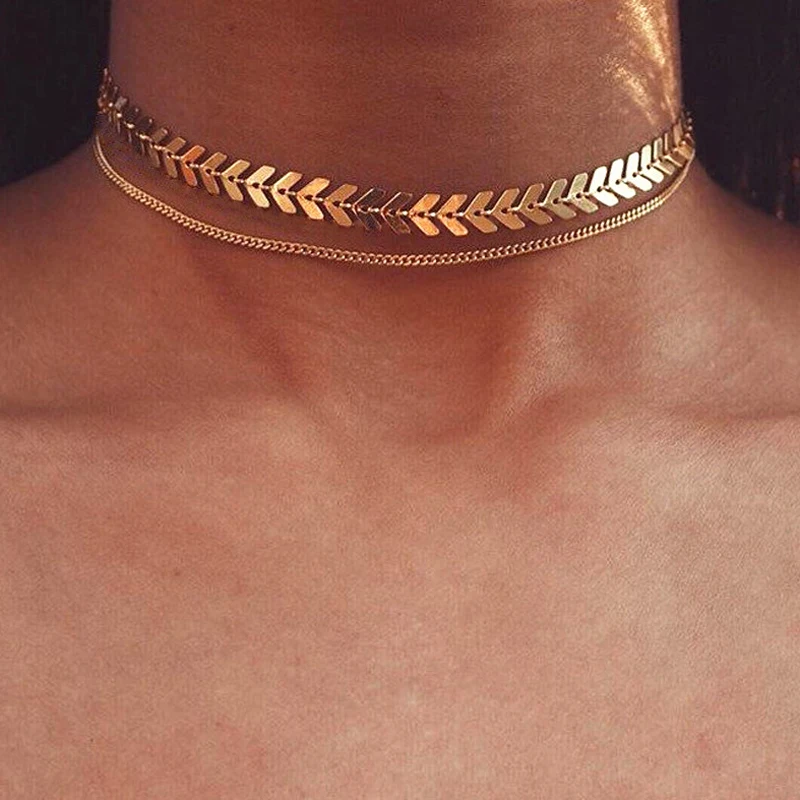 2021 New Chain Choker Two Layers Necklaces Fishbone Airplane Shape Gold Color Necklace Flat Chain jewelry