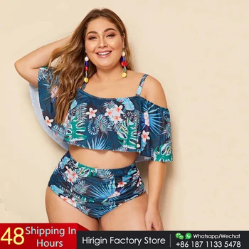 

Hirigin Plus Size Swimwear Flower High Waist Bikini Set Women 2020 New Ruffles Style Off Shoulder Bathing Suit Women Swimsuit